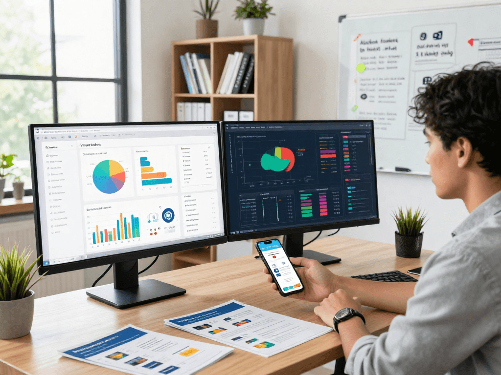 Buy app install strategies displayed in a modern marketing office environment with app performance metrics and promotional materials.