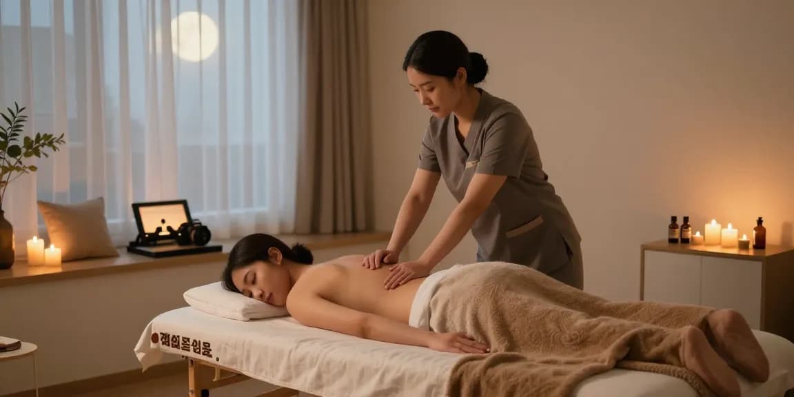 Relaxing 잠실출장안마 experience in a serene home setting with warm lighting and soothing ambiance.