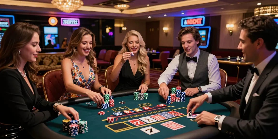 Group of friends celebrating a lucky77 win at a vibrant casino table.