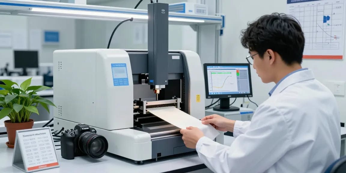 SmartPull tensile strength testing machine in a lab with real-time data display and technician operating.