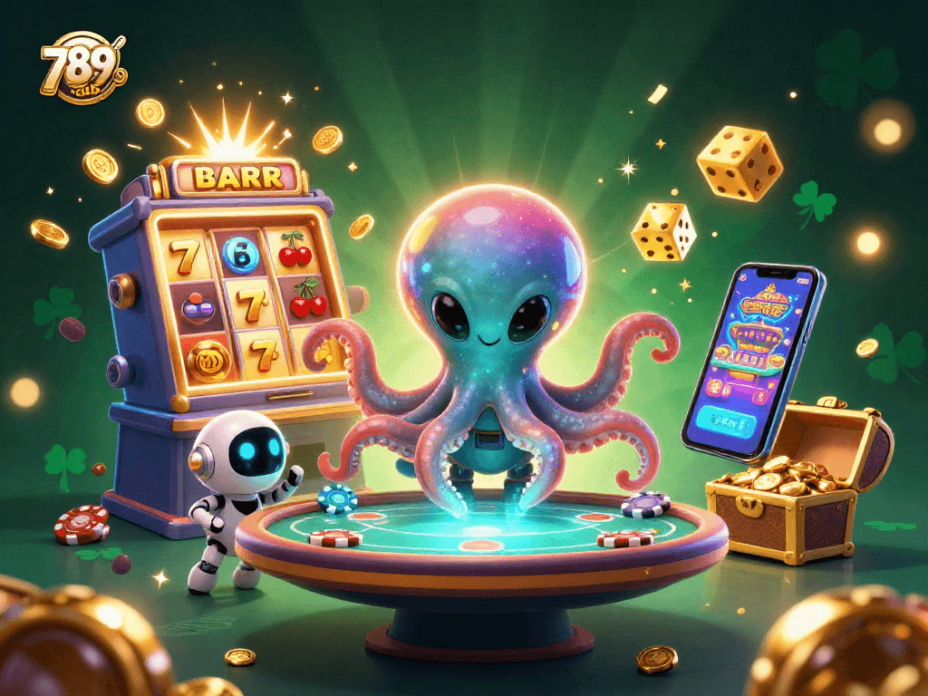 Engage with exciting 789club games featuring alien octopus and poker table in vibrant casino illustration.
