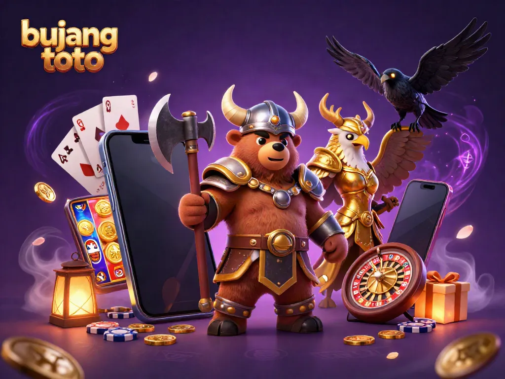 Experience the thrill of bujang toto with a Viking berserker and golden eagle amidst exciting casino elements and vivid graphics.