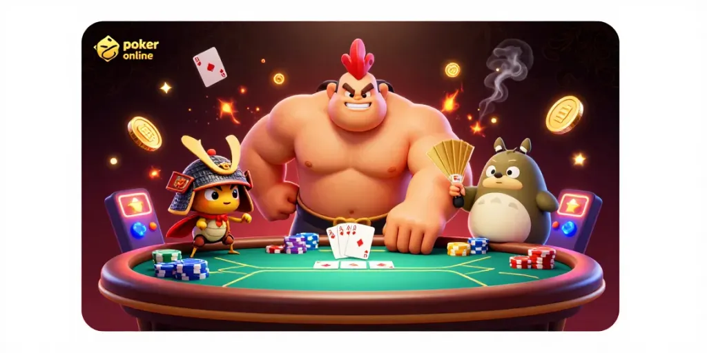 Engage in poker online with dynamic characters and lively casino elements in a vivid 3D illustration.