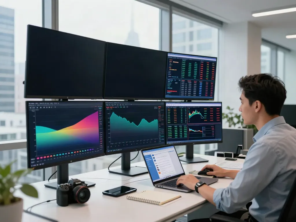 Trader engaged with TradingView platform in a modern office.
