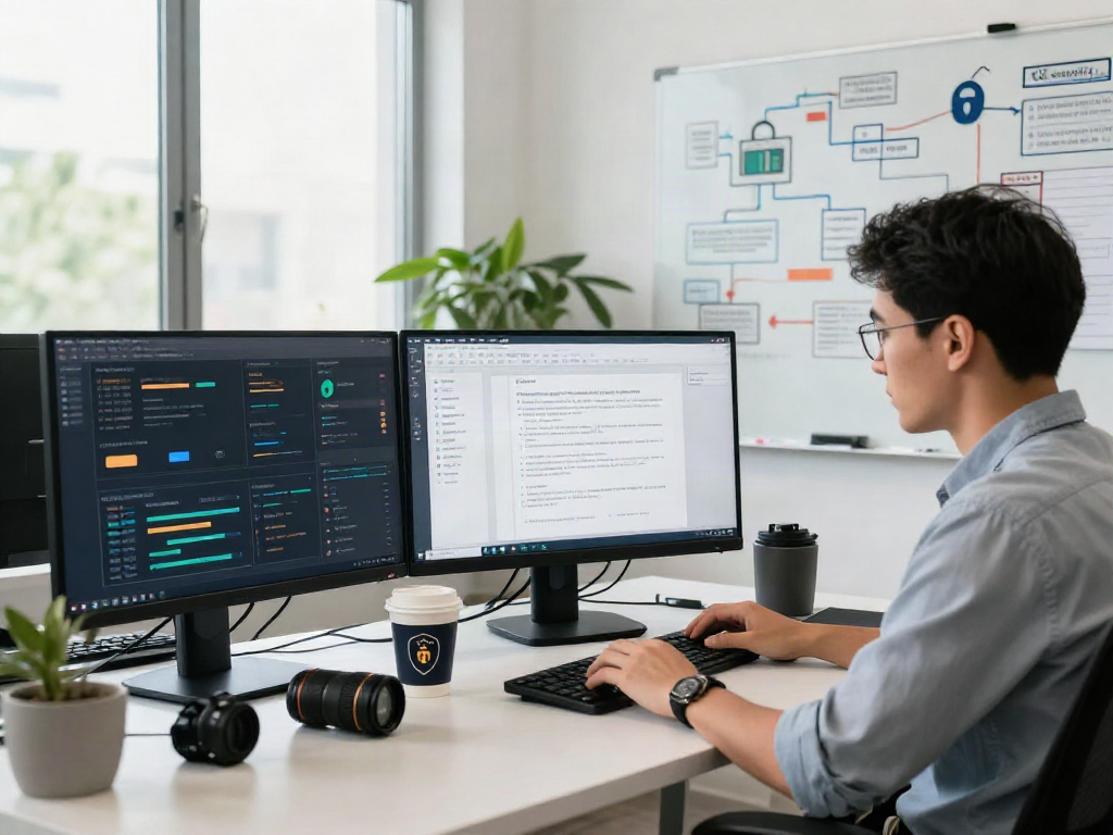 Security analyst utilizing document fraud detection software in a modern office setting.