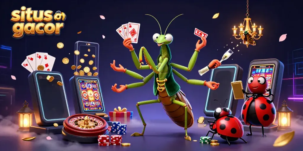 Engage with situs slot gacor through vibrant 3D illustration showcasing a lively casino scene of animated characters.