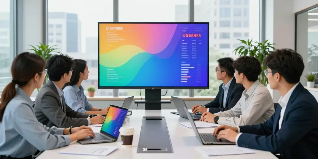 Team of analysts discussing the biggest US banks in an office setting.
