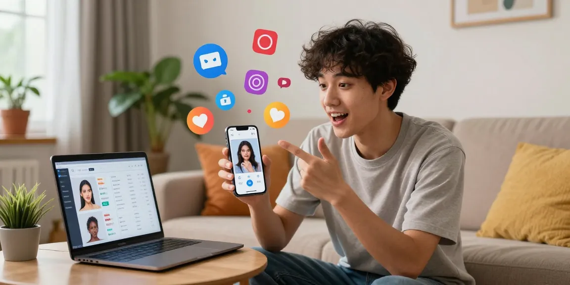 Engaging scene of a young adult using an attractiveness test app in a cozy living room.