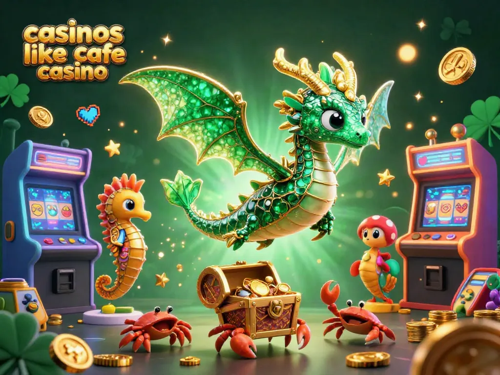 Experience the excitement at casinos like Cafe Casino with vibrant gaming elements and treasure in a lively 3D scene.