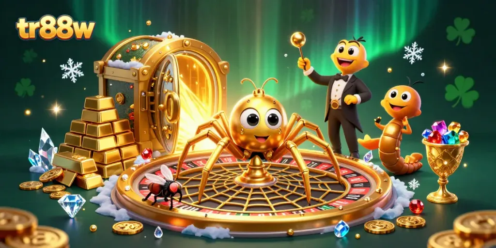 tr88w engages players in a vibrant casino scene with a spider spinning a roulette web and a nervous fly.