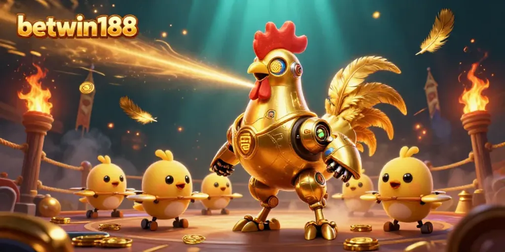 Menangkan permainan di betwin188 dengan robot ayam emas dan drone di arena pertarungan.
