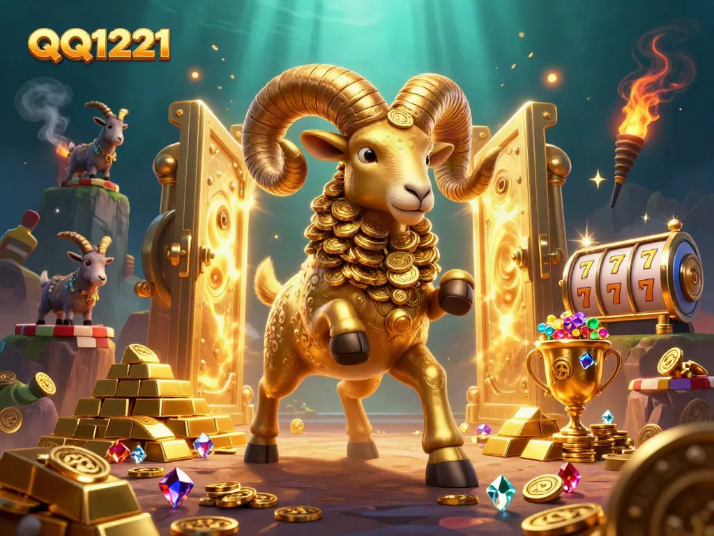 Engage with QQ1221's vibrant slot scene featuring a golden ram charging through treasures.