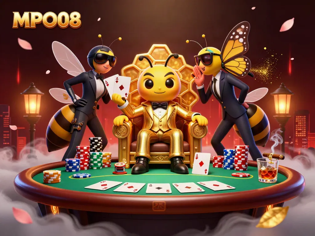 MPO08 showcases a vibrant 3D casino scene featuring a cartoon mob boss and game elements.