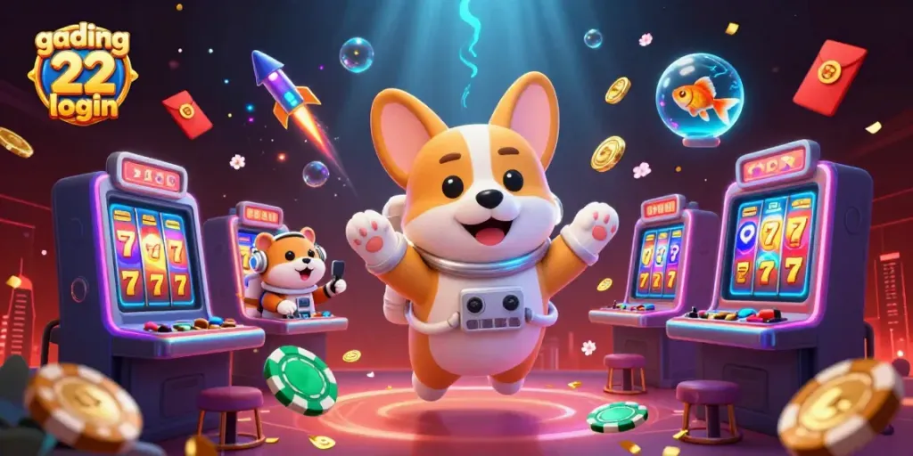 Experience gaming excitement with gading 22 login featuring a playful astronaut corgi in a vivid casino environment.