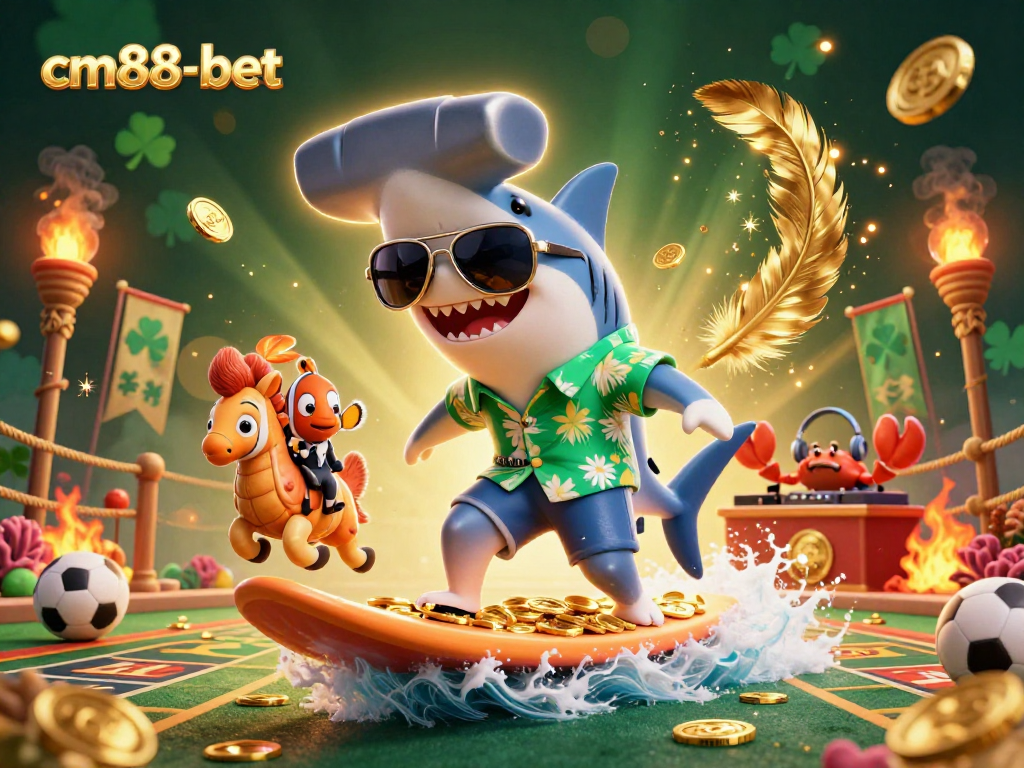Experience thrilling gameplay with cm88-bet's vibrant 3D casino illustration of a shark, clownfish, and DJ!
