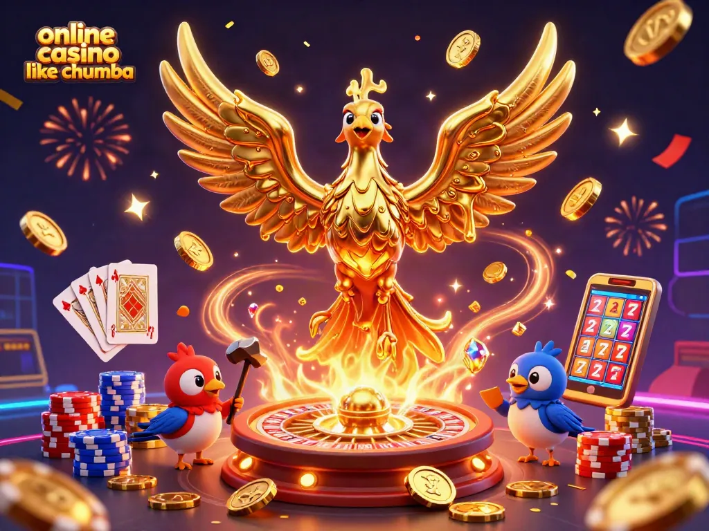 Engage with an online casino like Chumba through a colorful 3D scene of vibrant gaming elements.