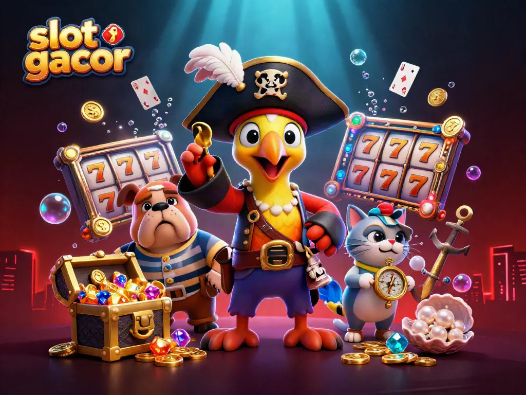 Engaging scene depicting slot gacor adventure with a pirate captain and friends amidst slot reels and treasure.