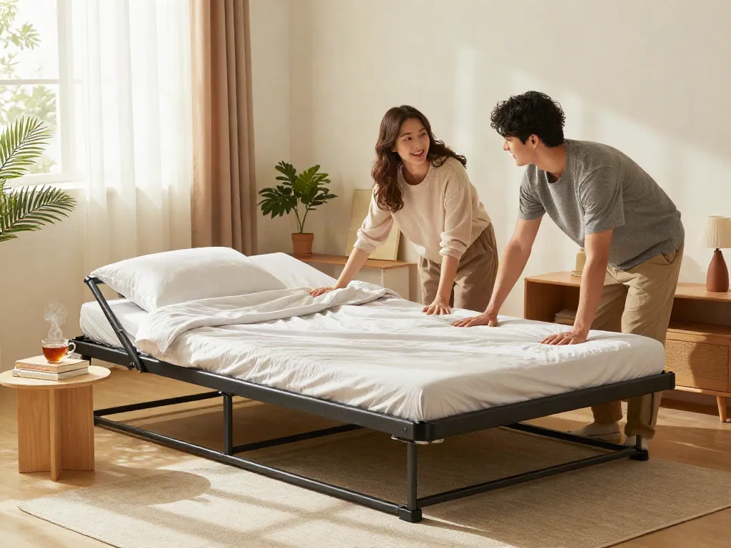 Cozy bedroom with a fold up bed being prepared for guests.