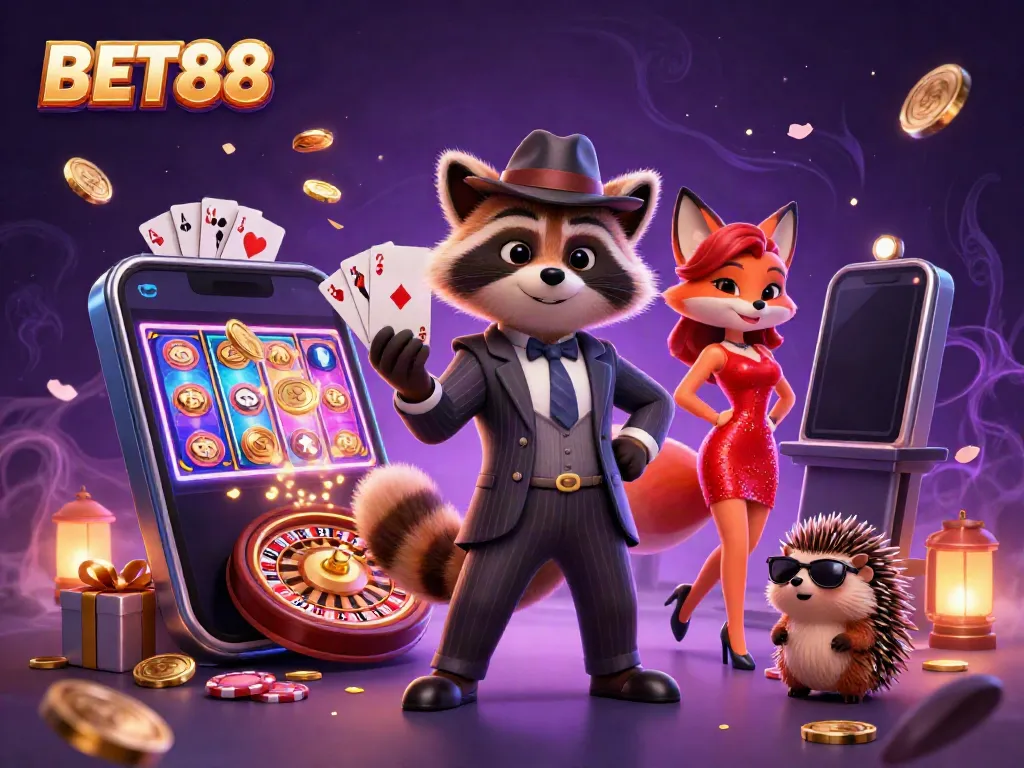 Trải nghiệm cá cược đỉnh cao tại BET88 với nhân vật hoạt hình cá tính trong bối cảnh casino sôi động.