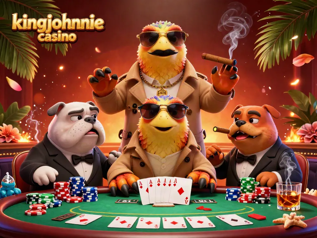 Join the excitement at kingjohnnie casino with lively raptors in a trench coat at a VIP poker lounge.