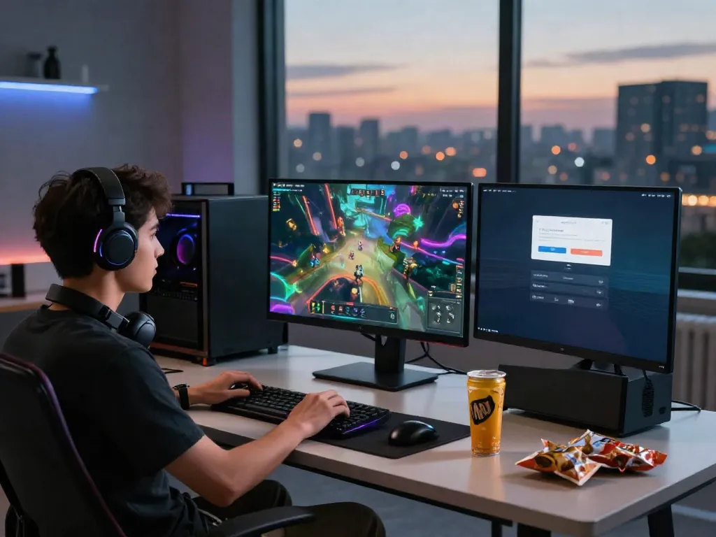 Player engaged with gaming setup, featuring luxury12 login app on smartphone.