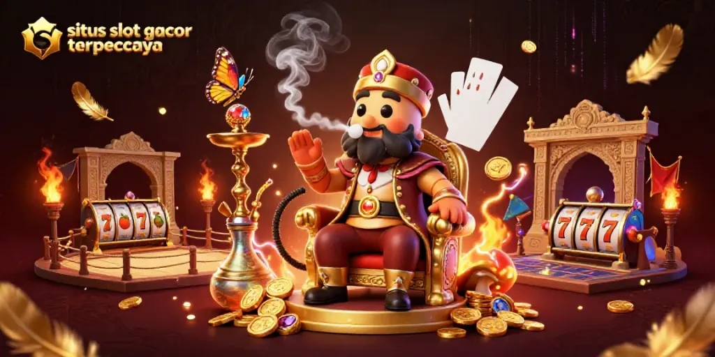 Experience the thrill of situs slot gacor terpercaya in this elaborate 3D casino scene with vibrant characters and slot elements.