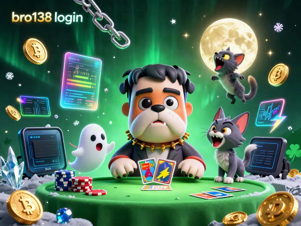 Experience bro138 login excitement with a vibrant 3D casino scene featuring unique characters and crypto elements.