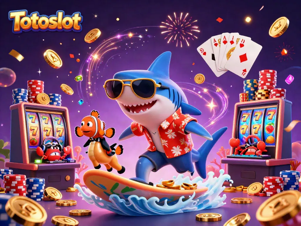 Ilustrasi 3D Totoslot yang penuh warna dengan karakter bersenang-senang di atas tumpukan koin.