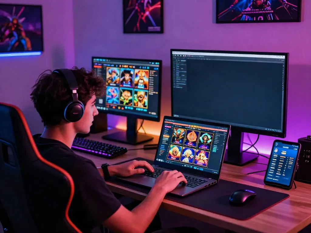 Engaging player using batman138 slot platform on a sleek laptop in a vibrant gaming setup.