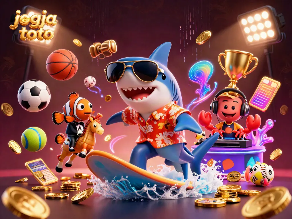 Bet on jogja toto with a fun casino-themed 3D illustration of unique sea creatures and winning elements.