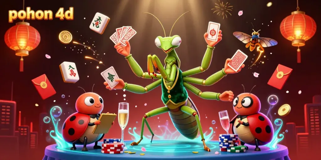 Engage with pohon 4d's lively gaming scene featuring an animated mantis dealer, chips, and festive elements.