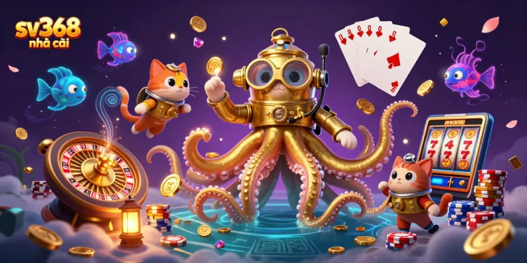 Experience thrill at sv368 nhà cái with a playful diving cat and a colossal kraken in a vibrant casino scene.
