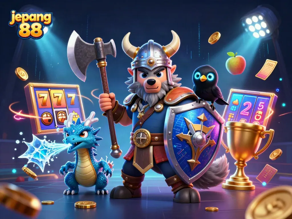 Experience vibrant gameplay at japan 88 with a Viking warrior alongside a dragon in this rich casino scene.