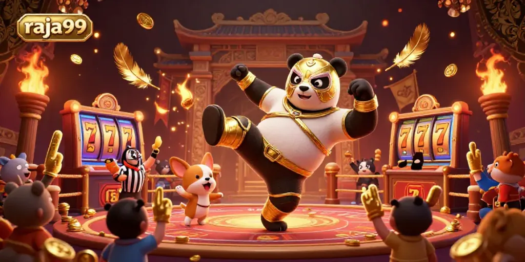 Experience raja99's thrilling casino atmosphere featuring a panda wrestler and exciting game elements.