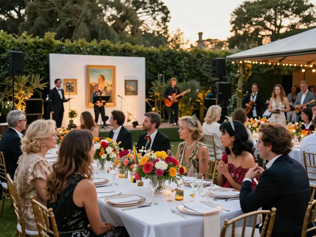 Gathering at Bruce Bailey's Toronto estate for a lavish fundraising event with art displays and live music.