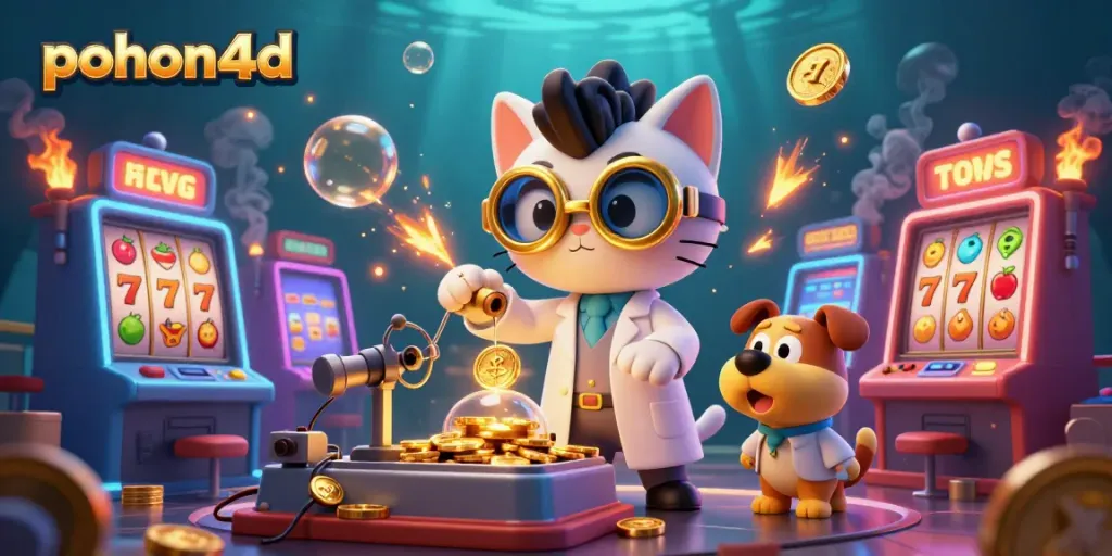 Pohon4d ignites excitement with a playful scene of a mad scientist cat and assistant creating golden coins around vibrant casino slot machines.