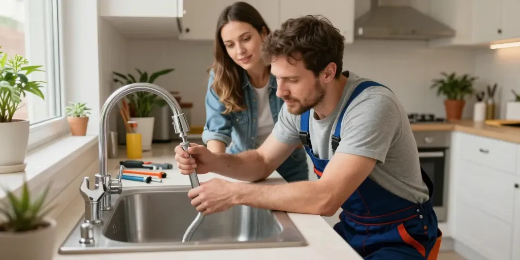 WEFIX London plumber fixing a dripping tap in a bright kitchen, showcasing reliable home repair service.