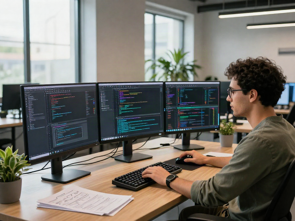 Lingkungan kerja developer dengan layar kode dan notulensi, menonjolkan cepat dan efisiensi cepat dalam pengembangan perangkat lunak.