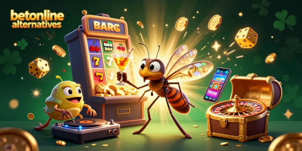 Experience betonline alternatives with a lively casino scene featuring unique characters and gaming elements.