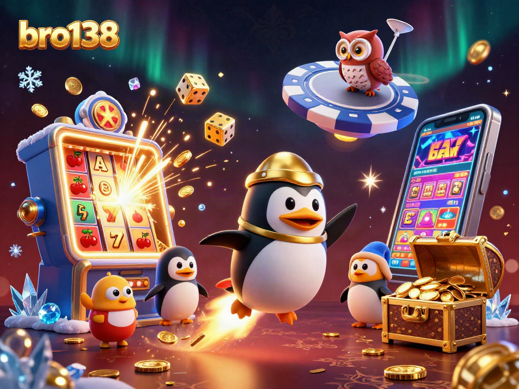 Experience thrilling gaming at bro138 with a golden penguin and exciting casino visuals!