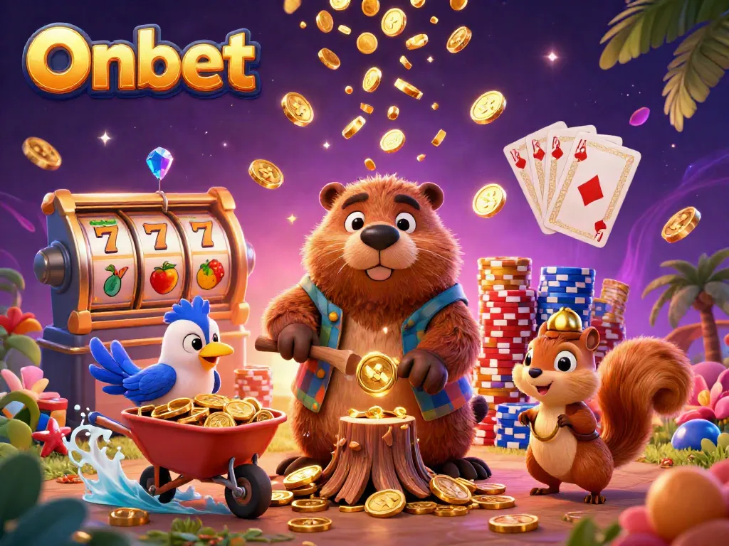 Onbet's 3D cartoon beaver chops a tree raining coins in a vibrant casino scene.