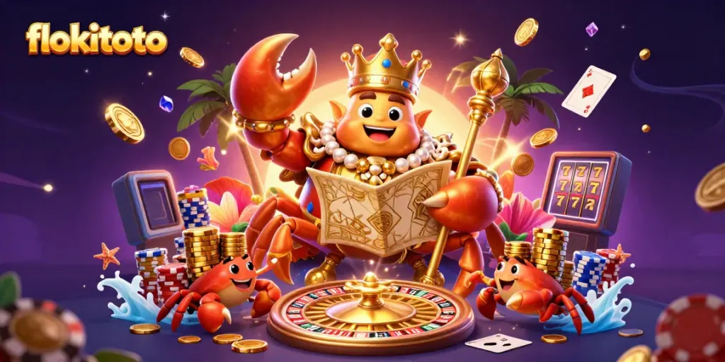 Experience thrilling wins at flokitoto with a vibrant casino scene of a golden crab emperor and treasure.