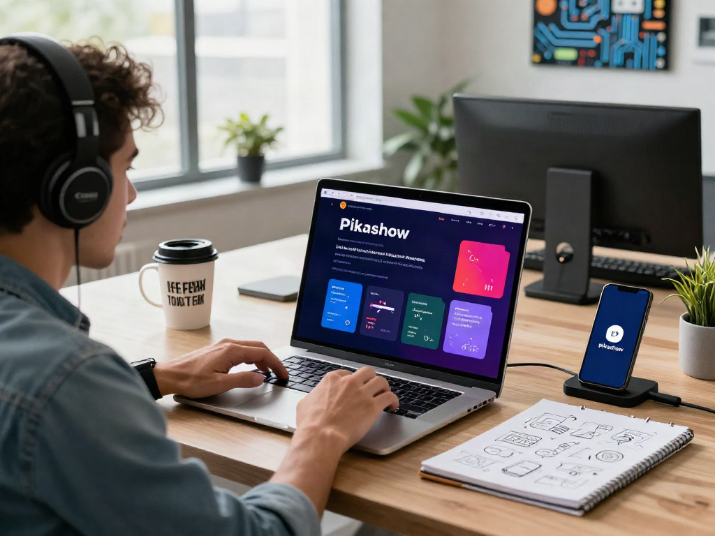 Pikashow APK download interface displayed on a laptop in a modern tech workspace, showcasing app development creativity.