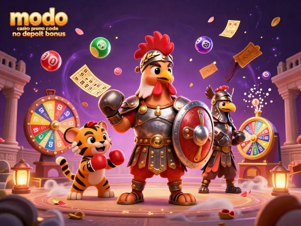 Play and win today with the modo casino promo code no deposit bonus, featuring a dynamic casino scene filled with vibrant characters and elements.
