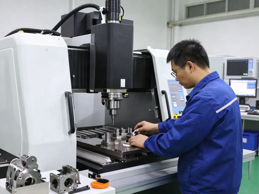 Leading aerospace CNC parts manufacturers technician operating precision machinery in workshop.