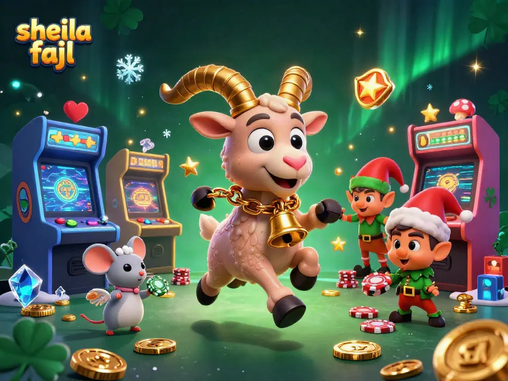 Engage with Sheila Fajl's festive casino scene featuring whimsical characters and vibrant game elements.