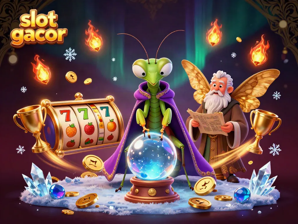 Engaging slot gacor scene featuring a fortune teller and a librarian amidst slot reels and dynamic game elements.