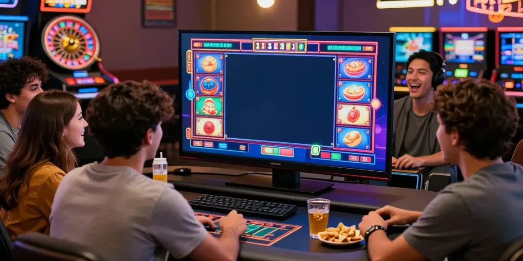 Exciting gaming scene with friends enjoying link slot777 at home with vibrant visuals and lively atmosphere.