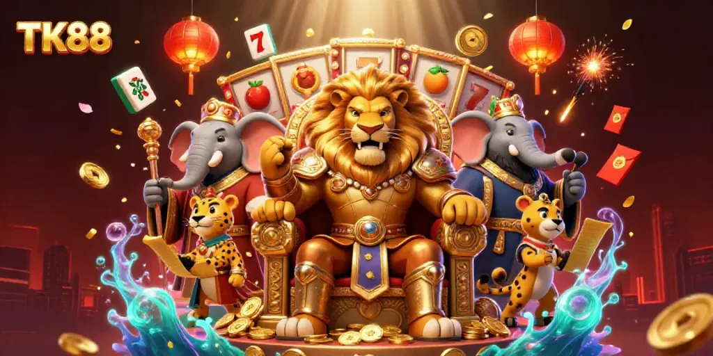 Experience thrilling gameplay with TK88's royal lion, wise elephant, and swift cheetah in a vibrant casino scene.