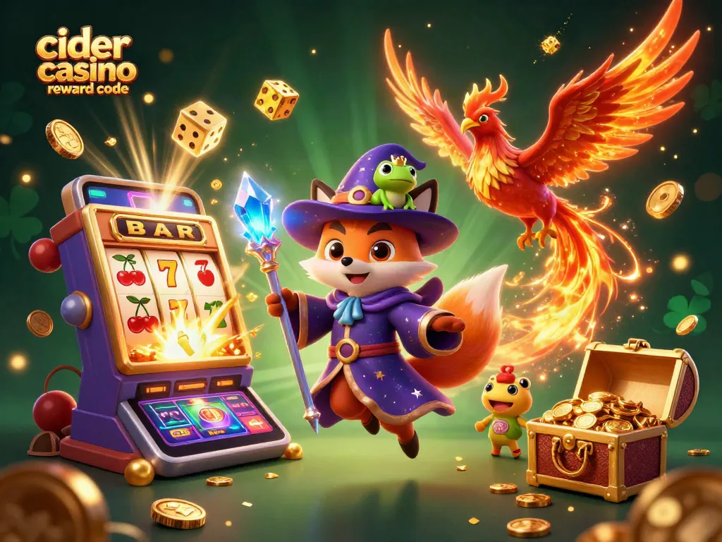 Experience the excitement with the cider casino reward code, featuring a mystical wizard fox and dynamic slot machine action.